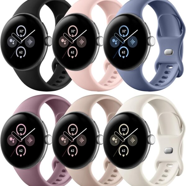 Maledan Compatible With Google Pixel Watch Band for Women Men, 6 Pack Soft Silicone Waterproof Sport Wristbands Replacement Straps for 45mm/41mm Pixel Watch 1, 2, 3 Accessories