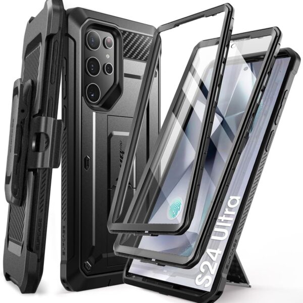 SUPCASE Unicorn Beetle Pro Case for Samsung Galaxy S24 Ultra Phone Case Black | with Stand, 2 Front Frames, Built-in Screen Protector, Belt-Clip, Military-Grade Protection