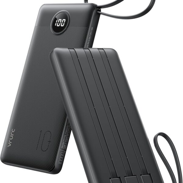VRURC Portable Charger with Built in Cables, Slim Power Bank 10000mAh, USB C Battery Pack Travel Essential, 5 Outputs 2 Inputs Phone Charging Bank for iPhone 16 15 14 13,Samsung,Android-Black(1 Pack)